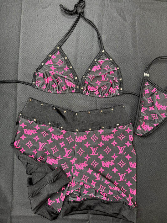 Hot Pink/Black Two-Piece Ripped Back Shorts Exotic Dancer Outfit