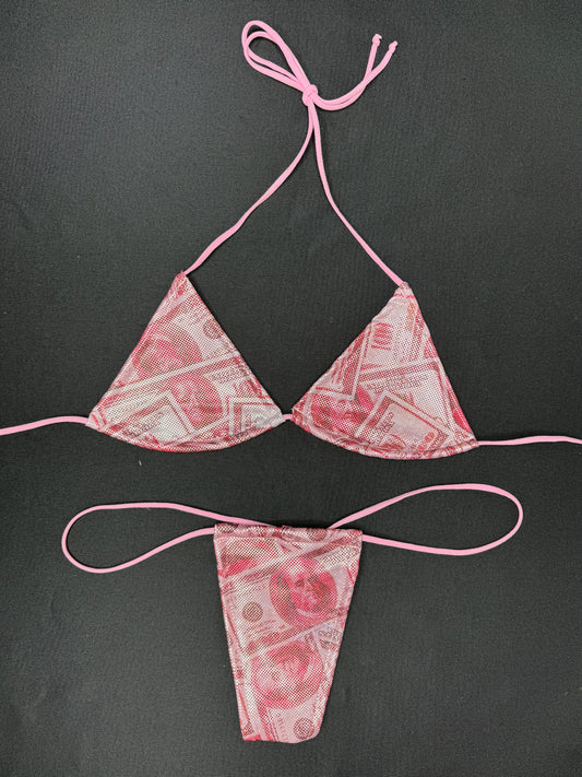 Holographic Red Money Print Micro Bikini Lingerie Outfit