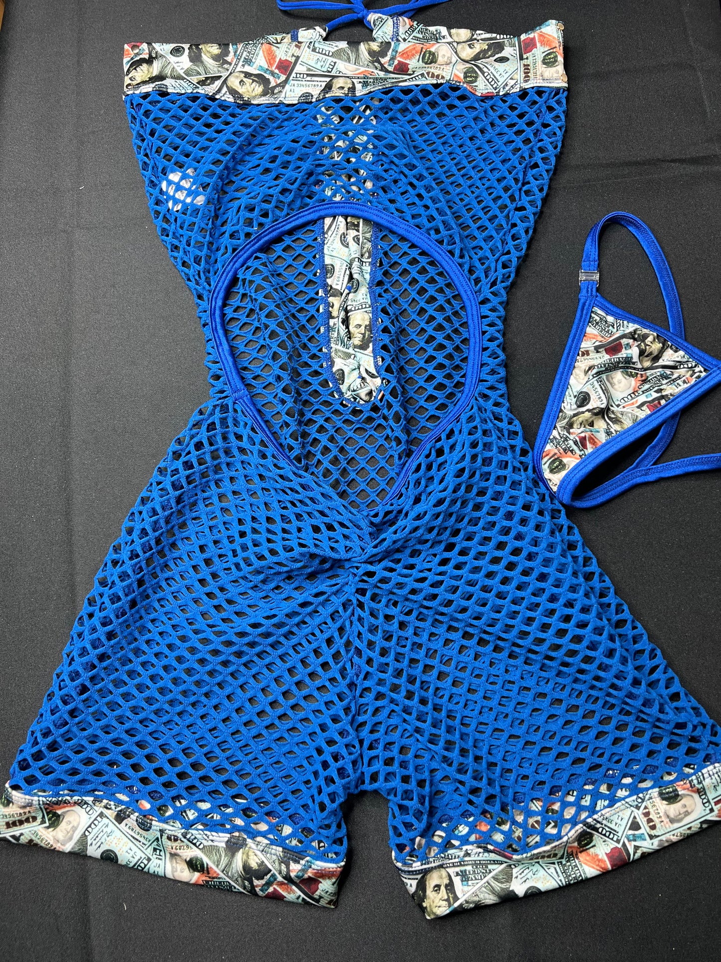 Royal Blue Fishnet/Royal Blue $100 Bill Blueface Fabric One-Piece Exotic Dancer Outfit