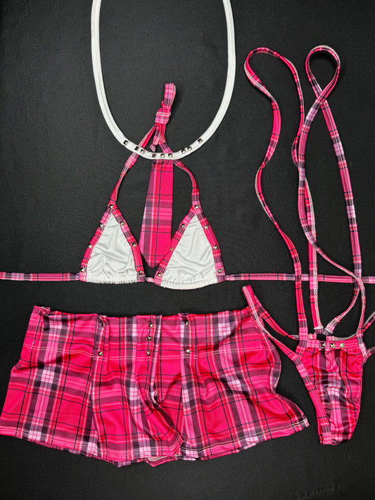 Hot Pink/White Two-Piece School Girl Skirt/Slingshot/Bikini Top Lingerie Outfit