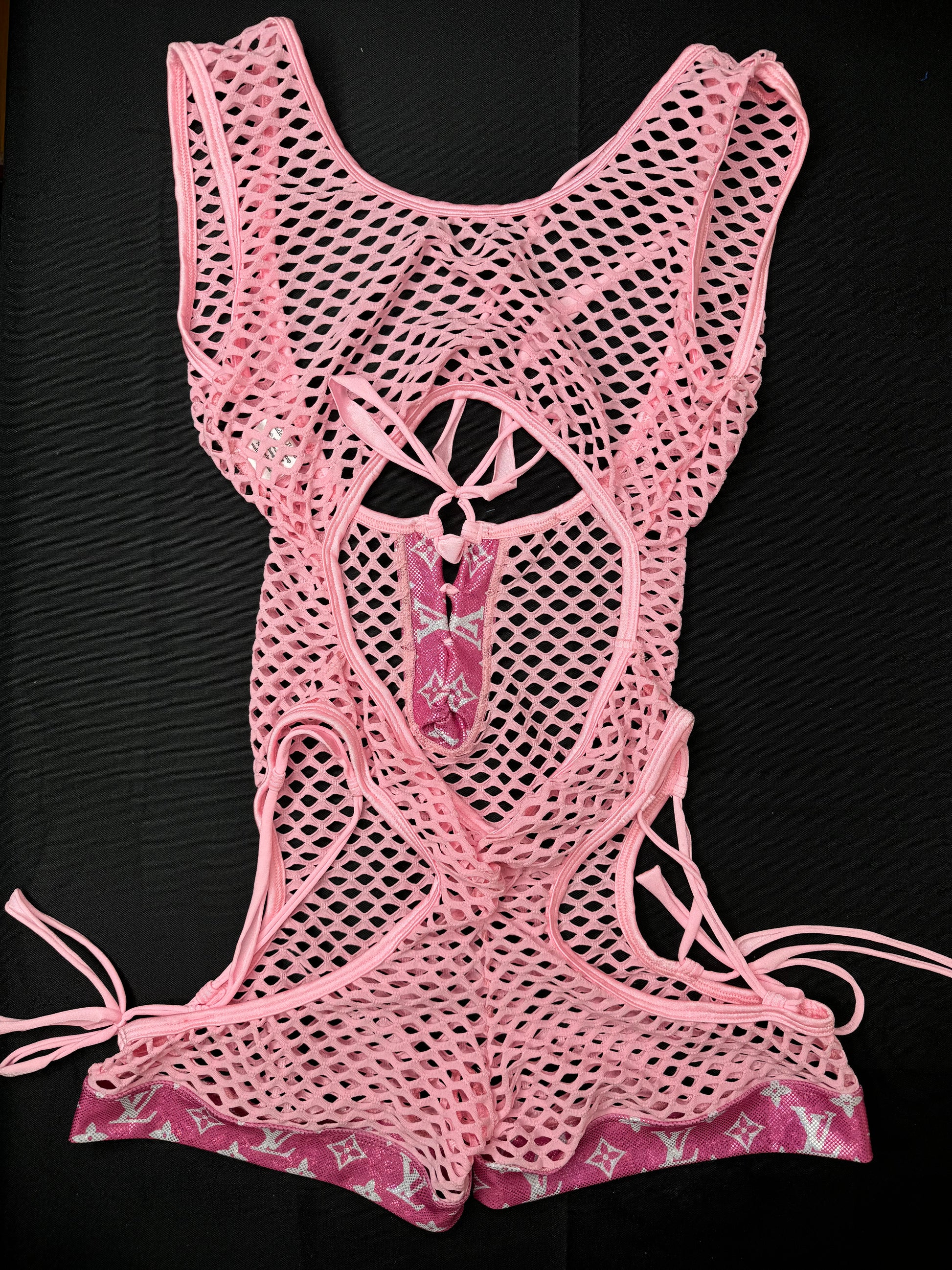 Metallic Baby Pink/Baby Pink Fishnet One-Piece Exotic Dancer Outfit