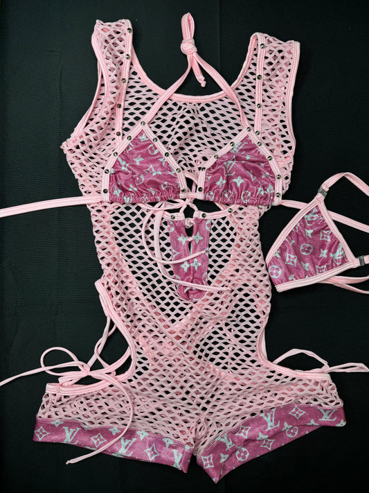 Metallic Baby Pink/Baby Pink Fishnet One-Piece Exotic Dancer Outfit