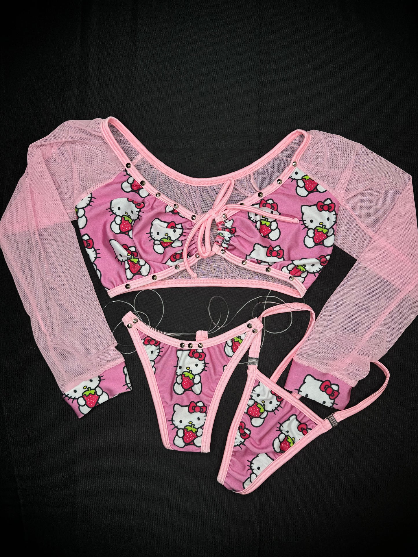 Baby Pink Mesh Strawberry Kitty Spandex Two-Piece Lingerie Outfit