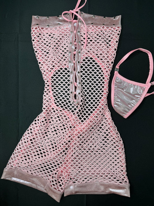 Metallic Pink/Baby Pink Fishnet One-Piece Exotic Dancer Outfit