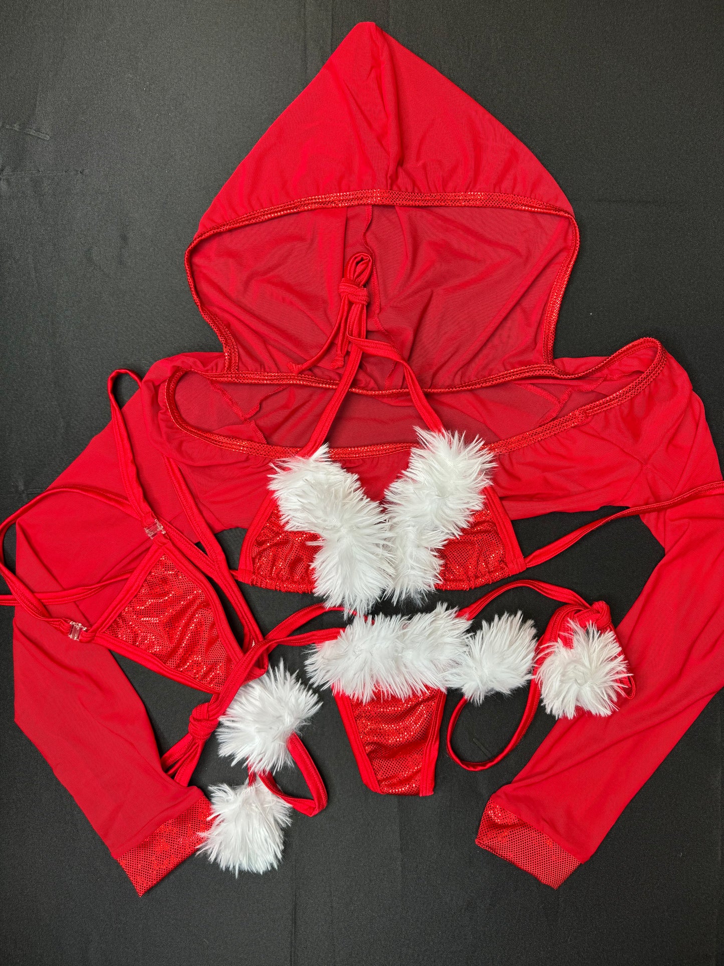 Red Mesh/Metallic Spandex Three-Piece Christmas Hoodie Bikini Lingerie Outfit