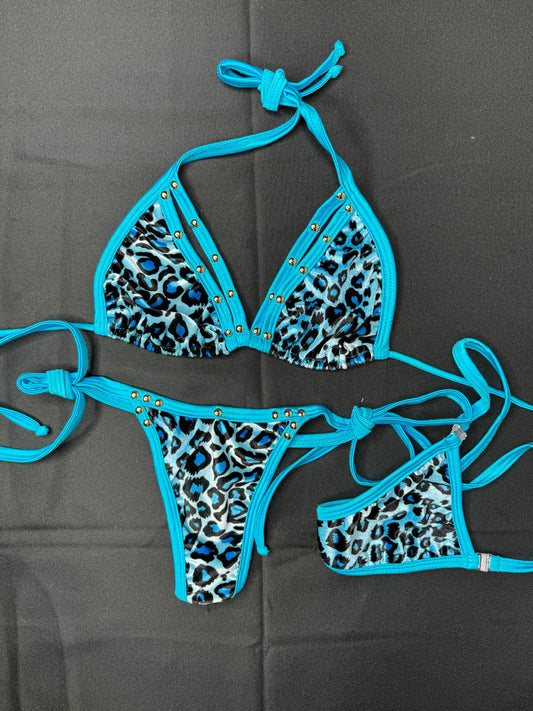 Blue Cheetah Print Side Tie Two-Piece Bikini Outfit