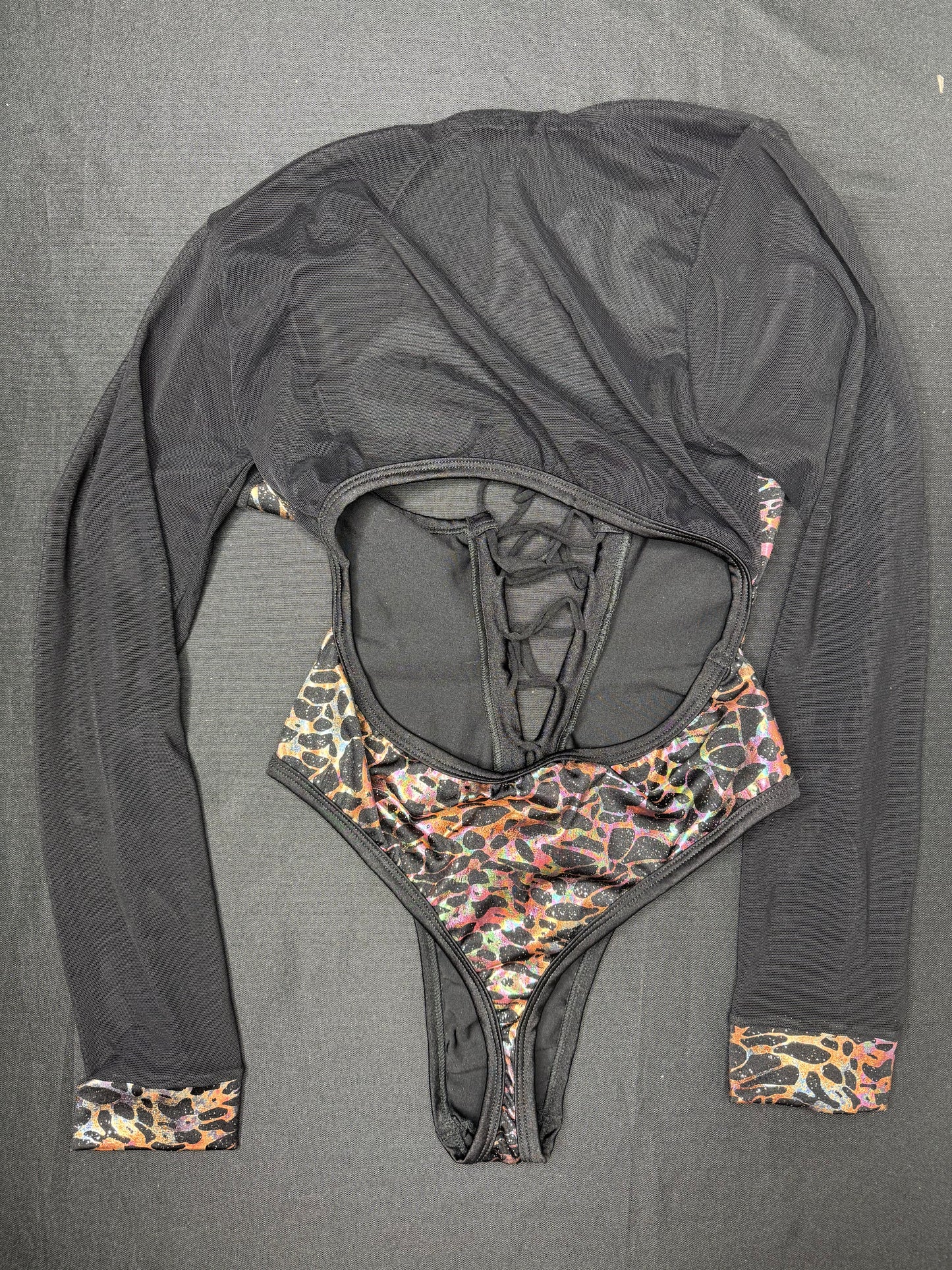 Animal Print Hologram One-Piece Leotard Long Sleeve Lingerie Outfit