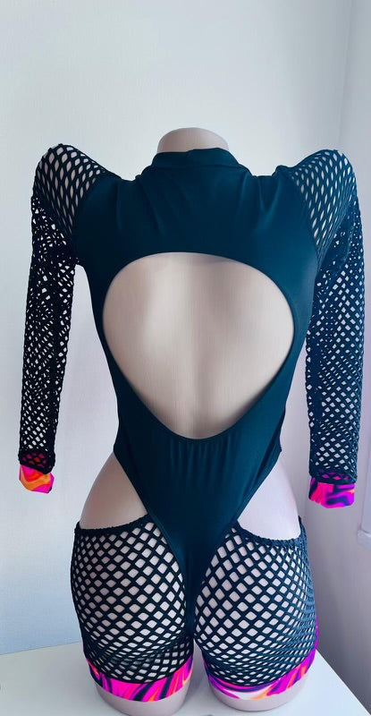 Hot Pink/Black One-Piece Romper Exotic Dancer Outfit