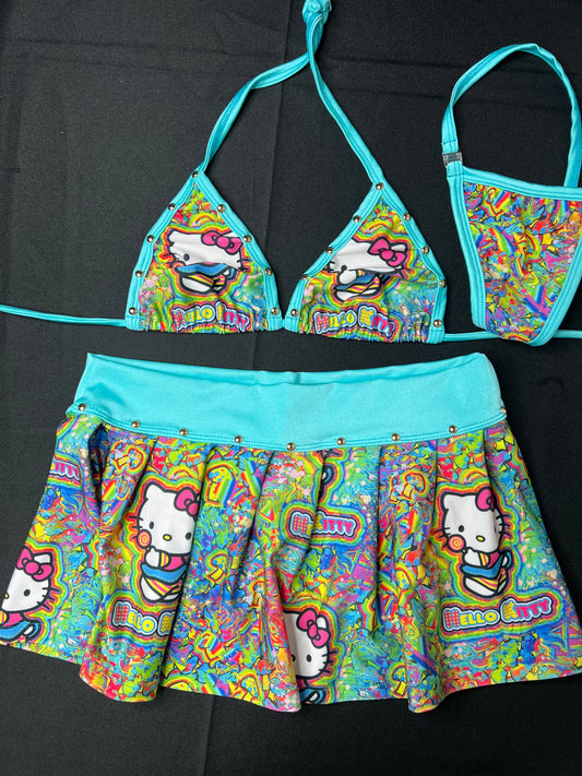 Cyan Blue Trippy Kitty Skirt Lingerie Outfit