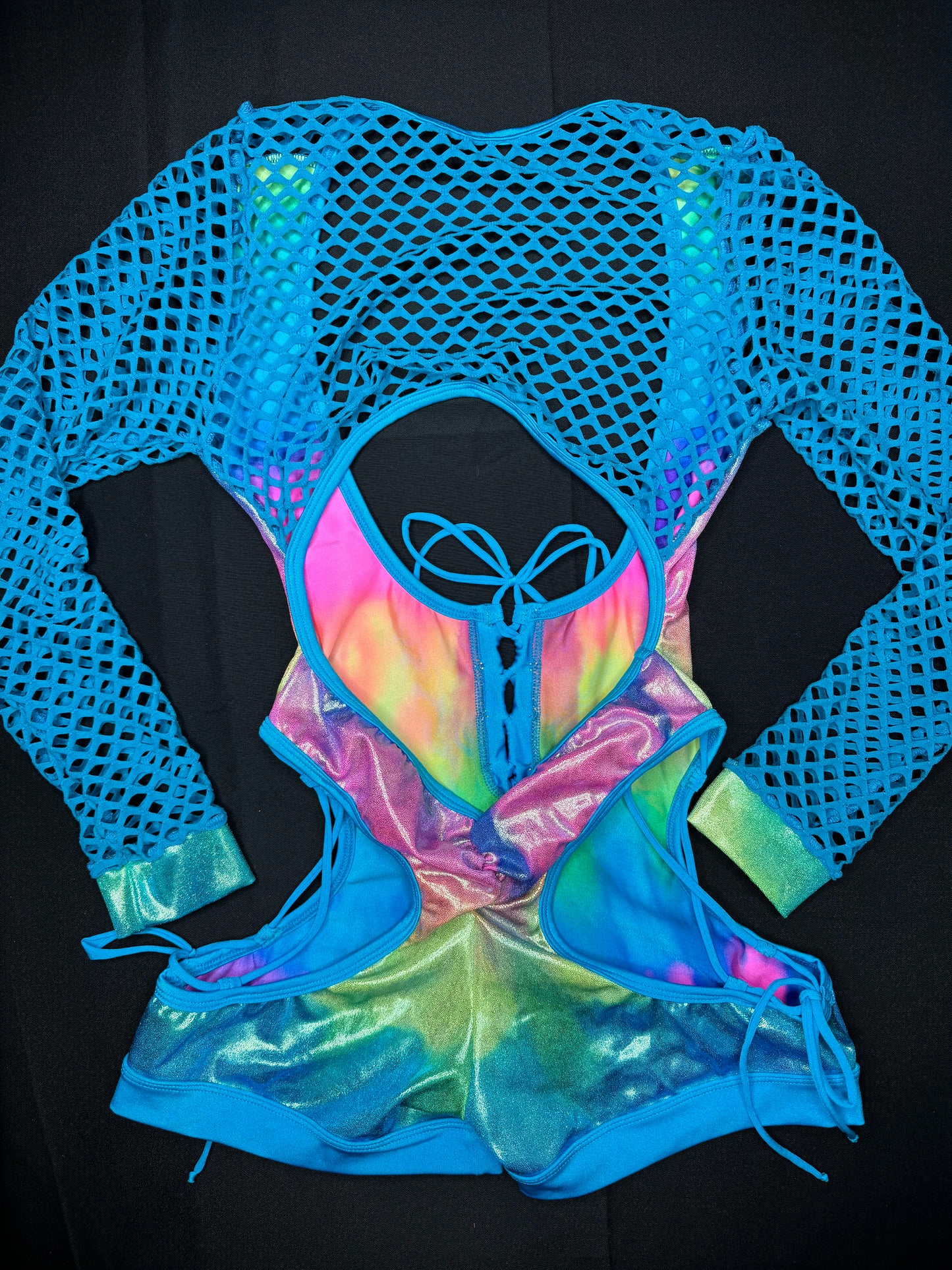 Rainbow/Turquoise Fishnet One-Piece Romper Lingerie Outfit