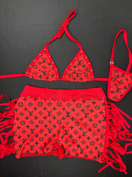 Red Designer Bikini Top/Fringe Shorts Two-Piece Lingerie Outfit