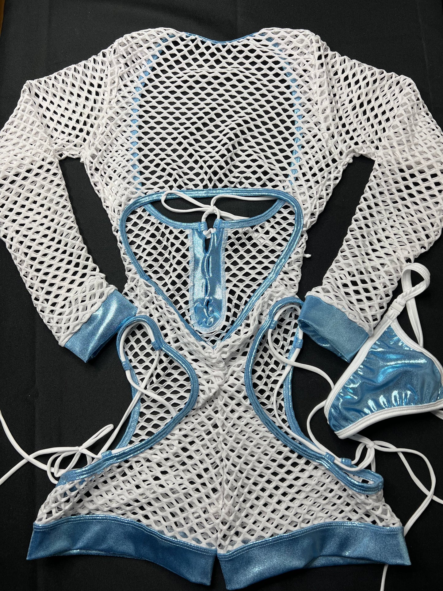 White Fishnet Long Sleeve Romper & Metallic Baby Blue Bikini