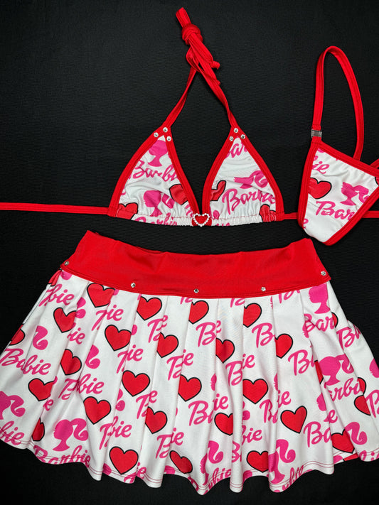 Red Heart Barbie Two-Piece Bikini Top/Skirt Lingerie Outfit