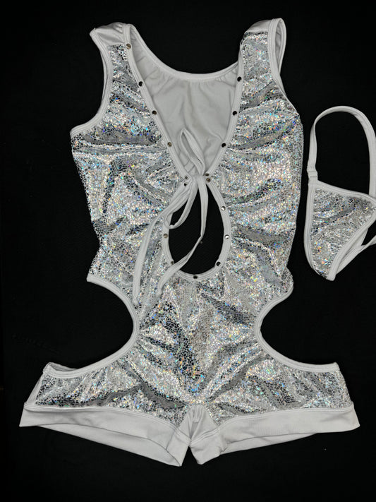 Metallic White/White Romper Lingerie Outfit