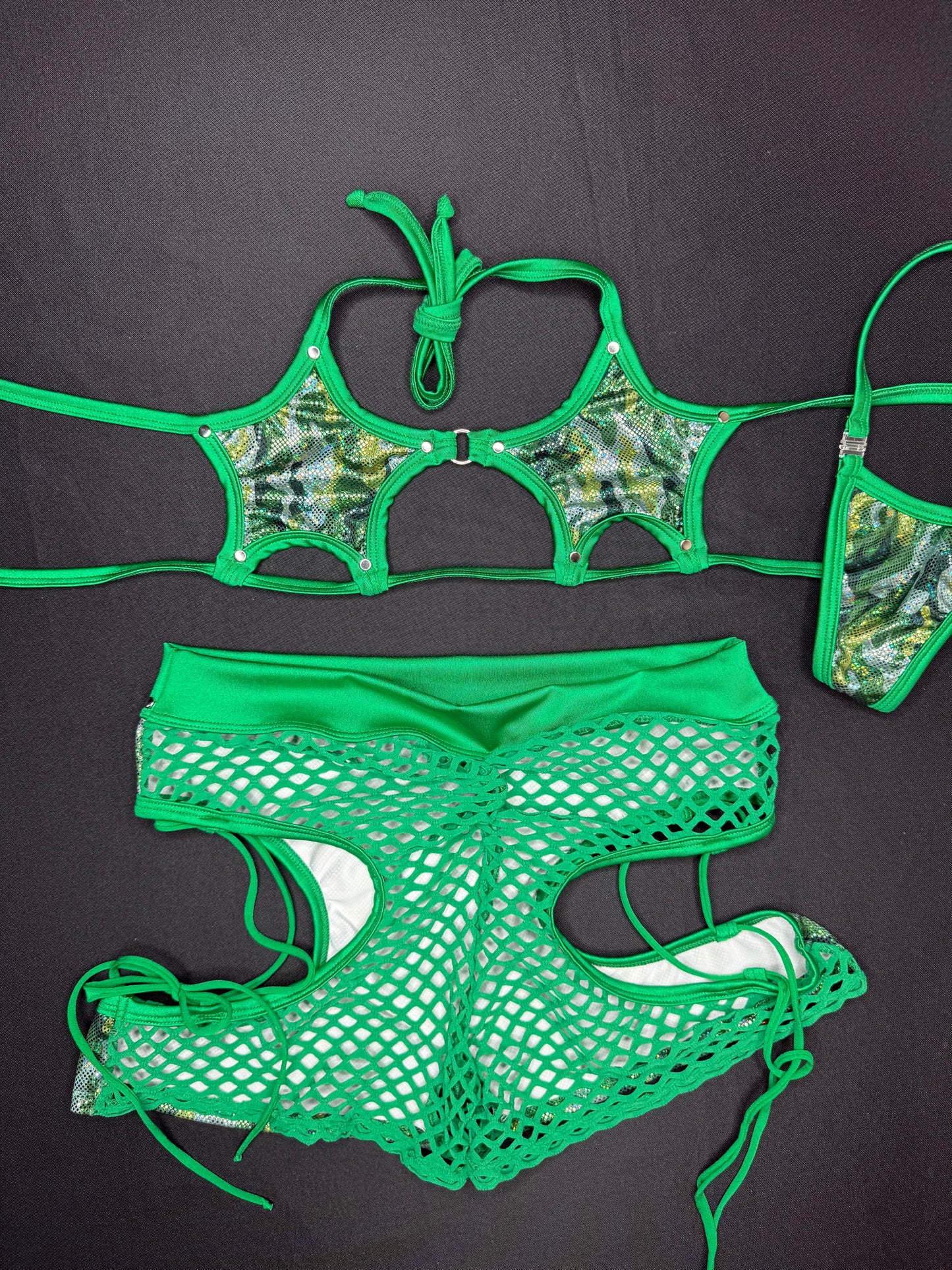 Holographic Green Camouflage/Green Spandex Fishnet Star-Top/Shorts Two-Piece Lingerie Outfit