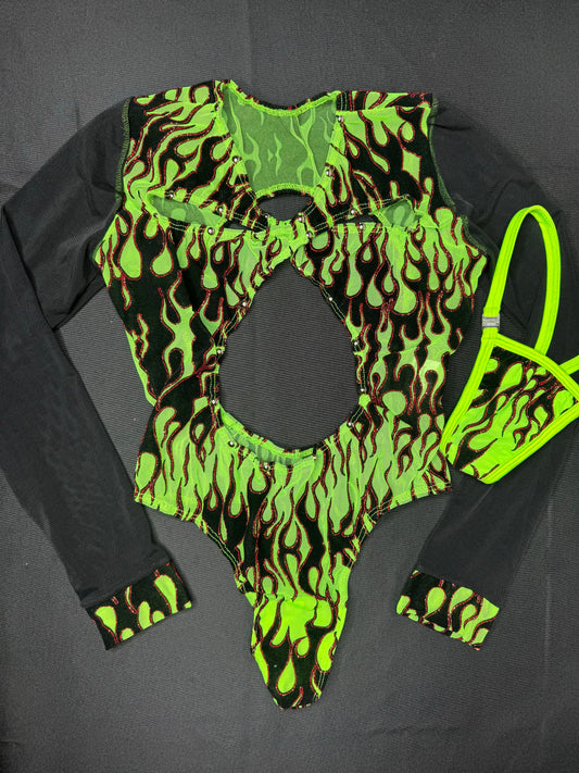 Neon Green Flame Mesh Leotard One-Piece Lingerie Outfit