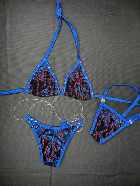 Blue Glitter Flame Spandex Two-Piece Bikini Lingerie Outfit