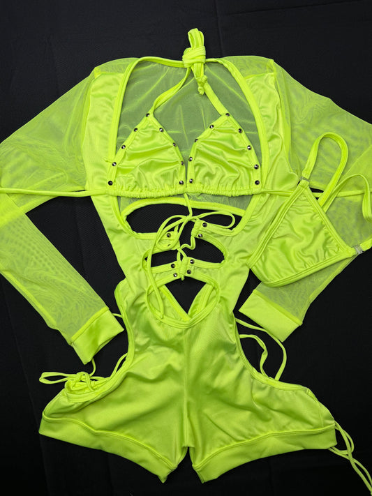 One-Piece Neon Yellow Stretch Fabric/Mesh Romper Stripper Outfit
