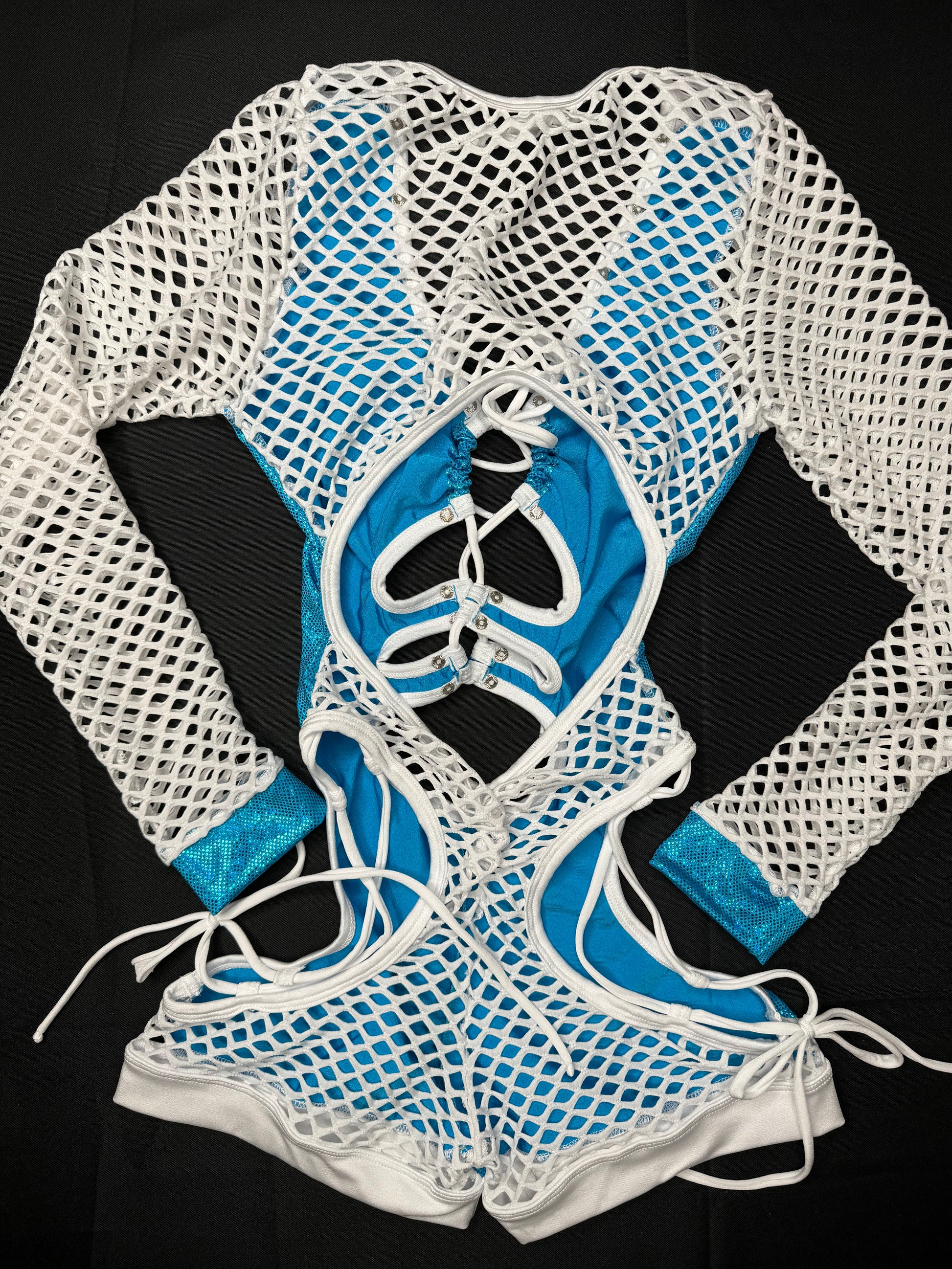 Metallic Turquoise/White Fishnet Long Sleeve Bartender Romper Outfit