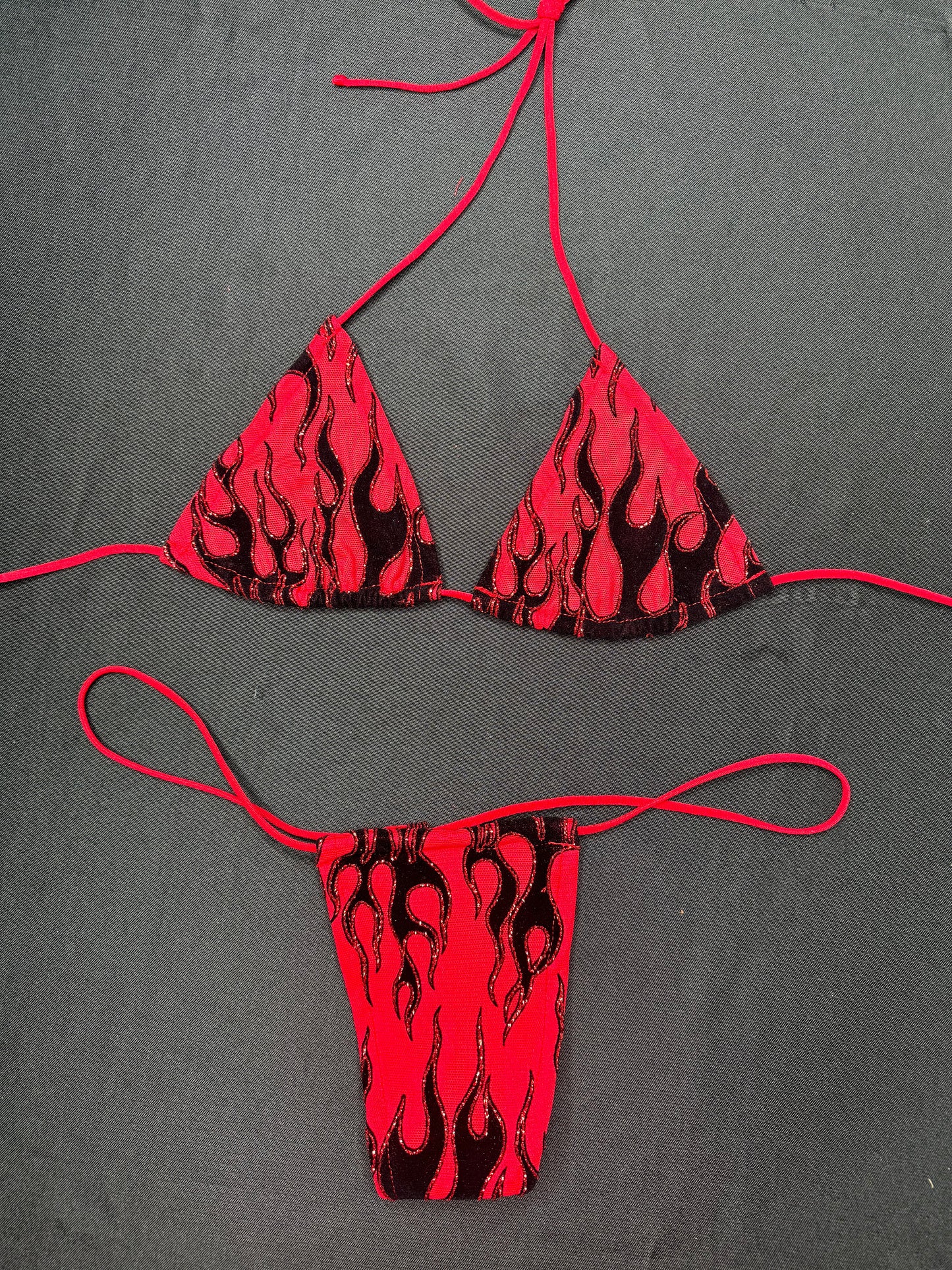 Red/Black Flame Mesh Micro Bikini Two-Piece Lingerie Outfit