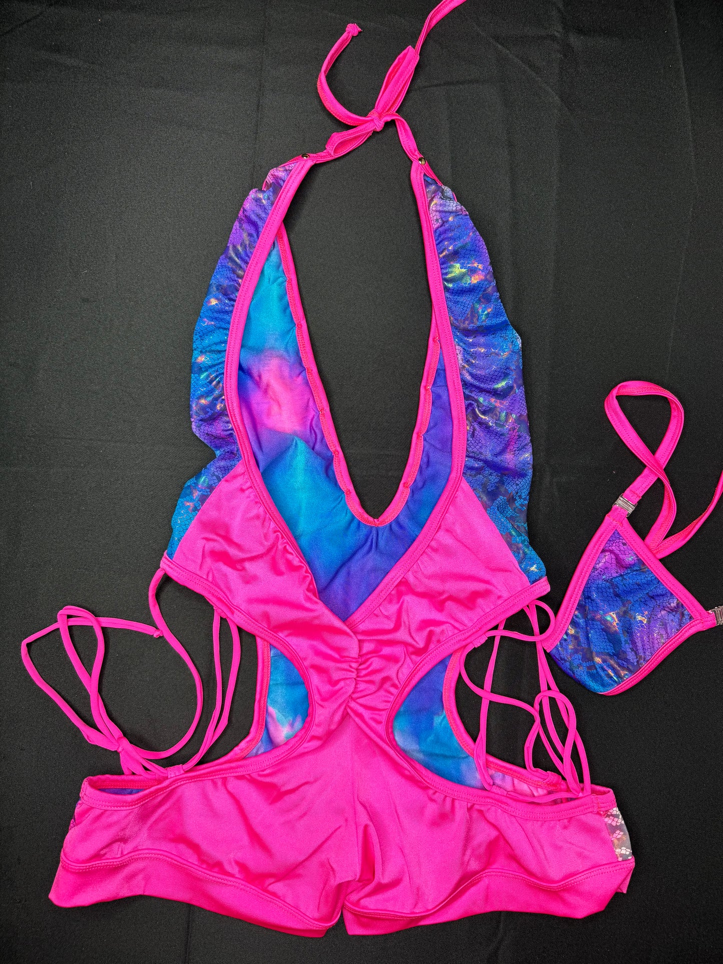 Blue Fish Scales/Hot Pink Spandex One-Piece Exotic Dancer Outfit