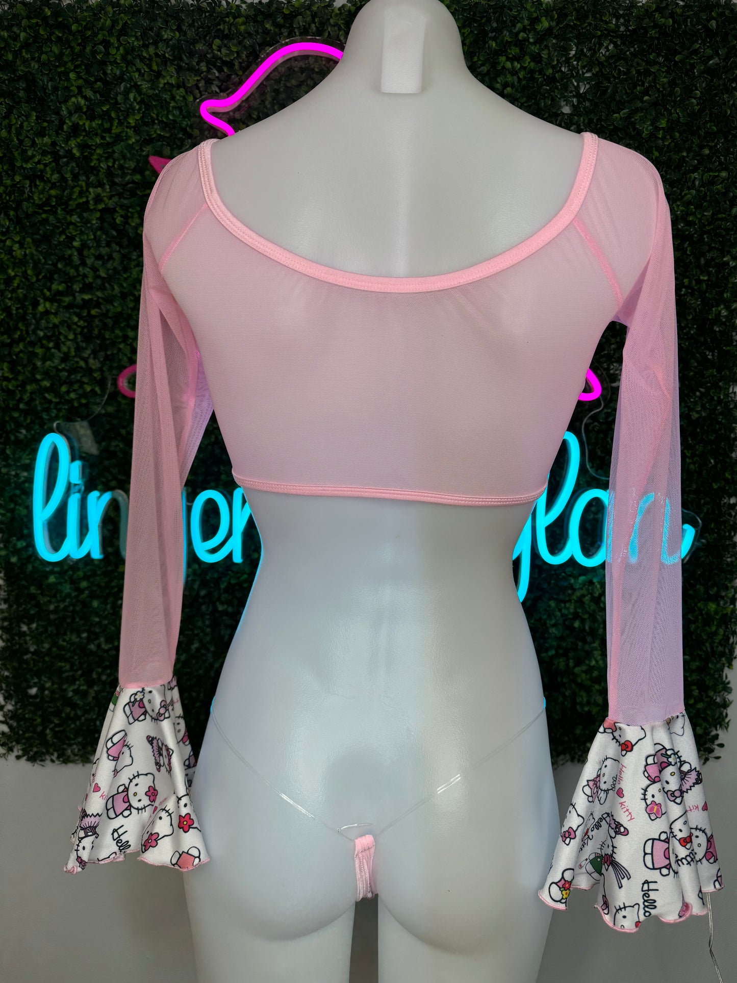 Baby Pink/White Kitty Long Sleeve Mesh Stripper Outfit