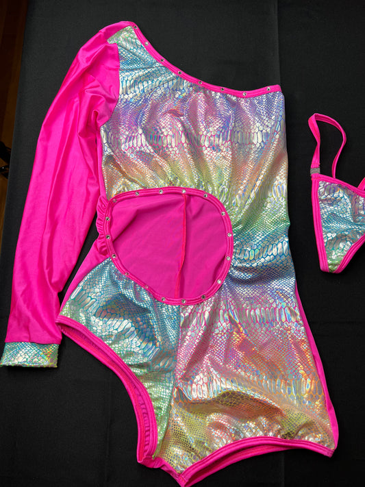 Fish Scale/Hot Pink Single Sleeve One-Piece Stripper Outfit