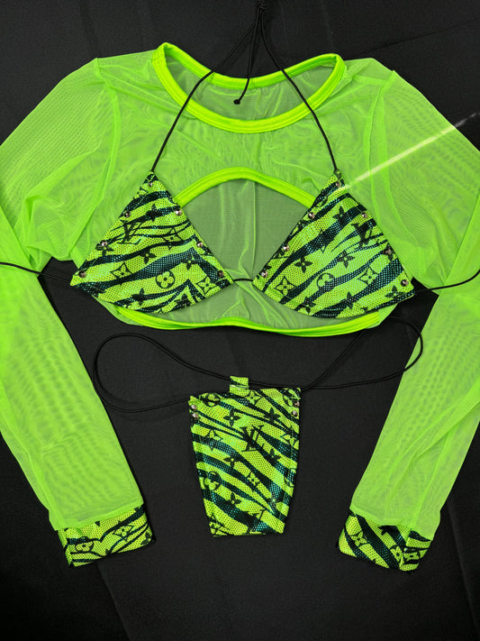 Neon Green Tiger Stripe Three-Piece Exotic Dancer Outfit