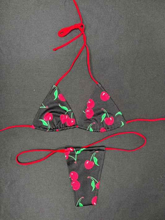 Black/Red Cherry Print Two-Piece Micro Bikini Lingerie Outfit