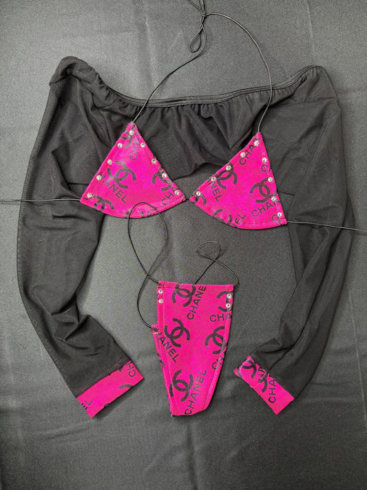 Holographic Hot Pink/Black Three-Piece Stripper Outfit