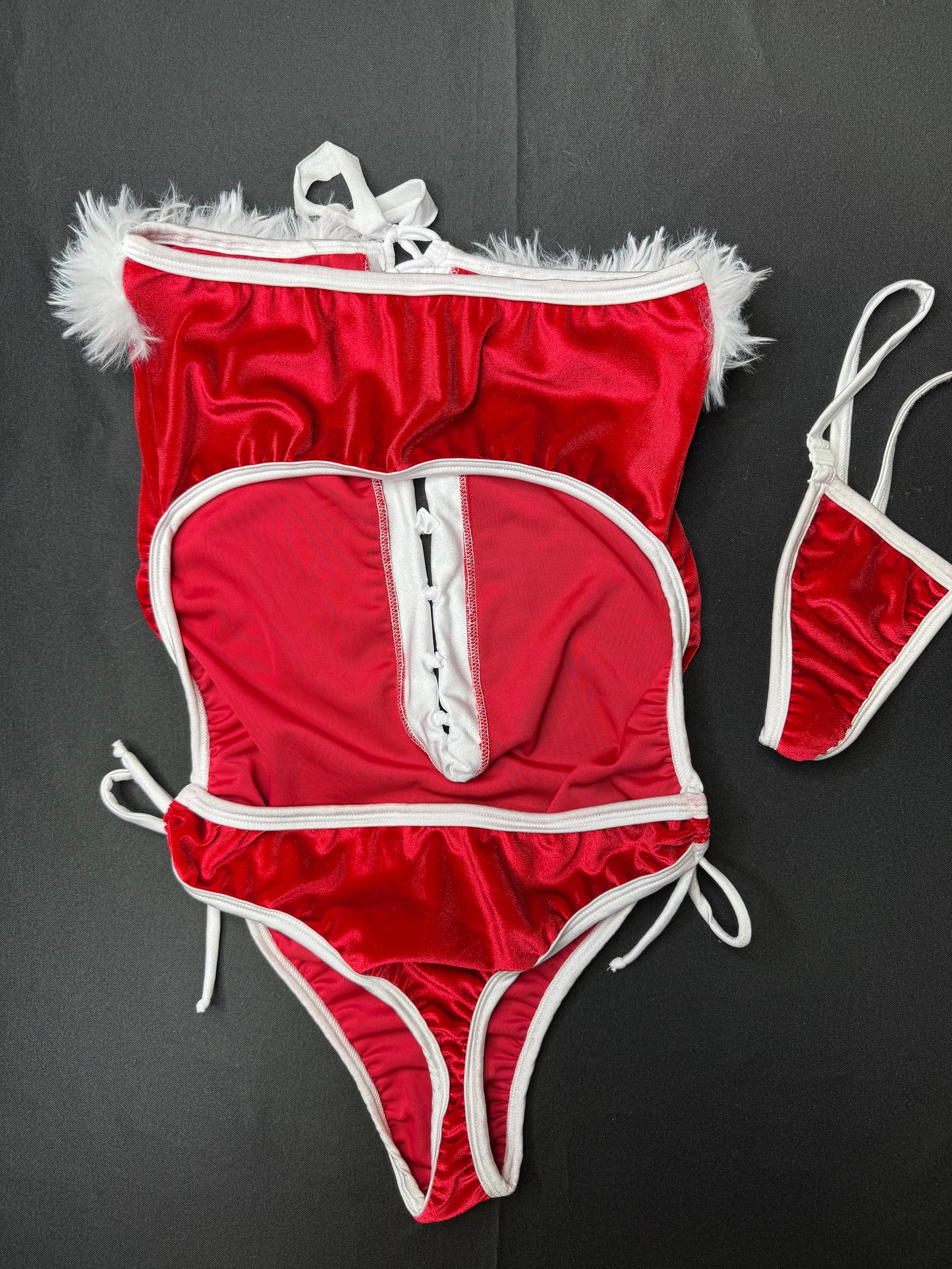 Exotic Dance Wear Red Velvet & White One-Piece Christmas Outfit