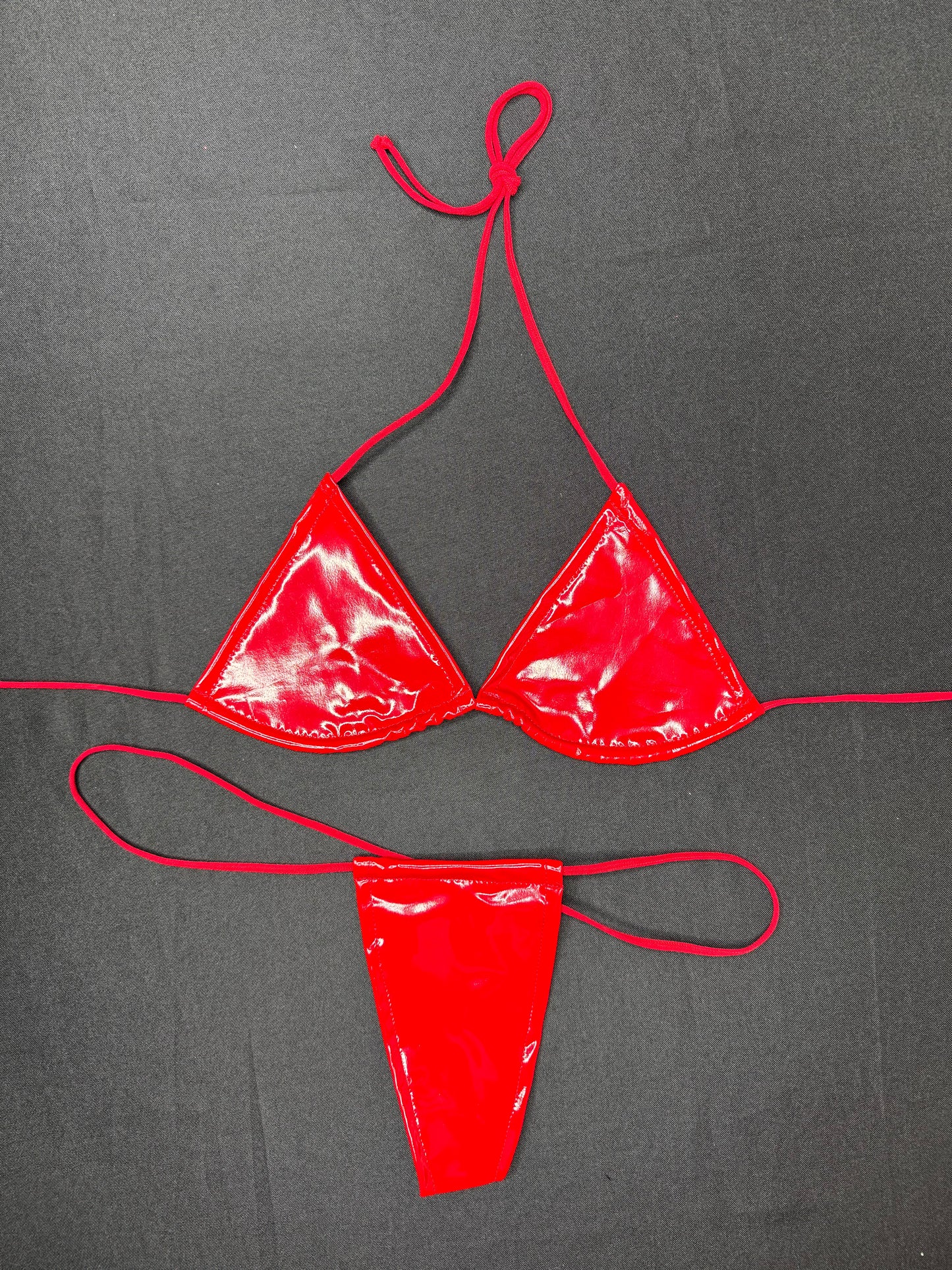 Red Latex Two-Piece Micro Bikini Lingerie Outfit