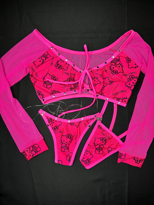 Hot Pink Kitty Mesh Two-Piece Exotic Dance Wear Outfit