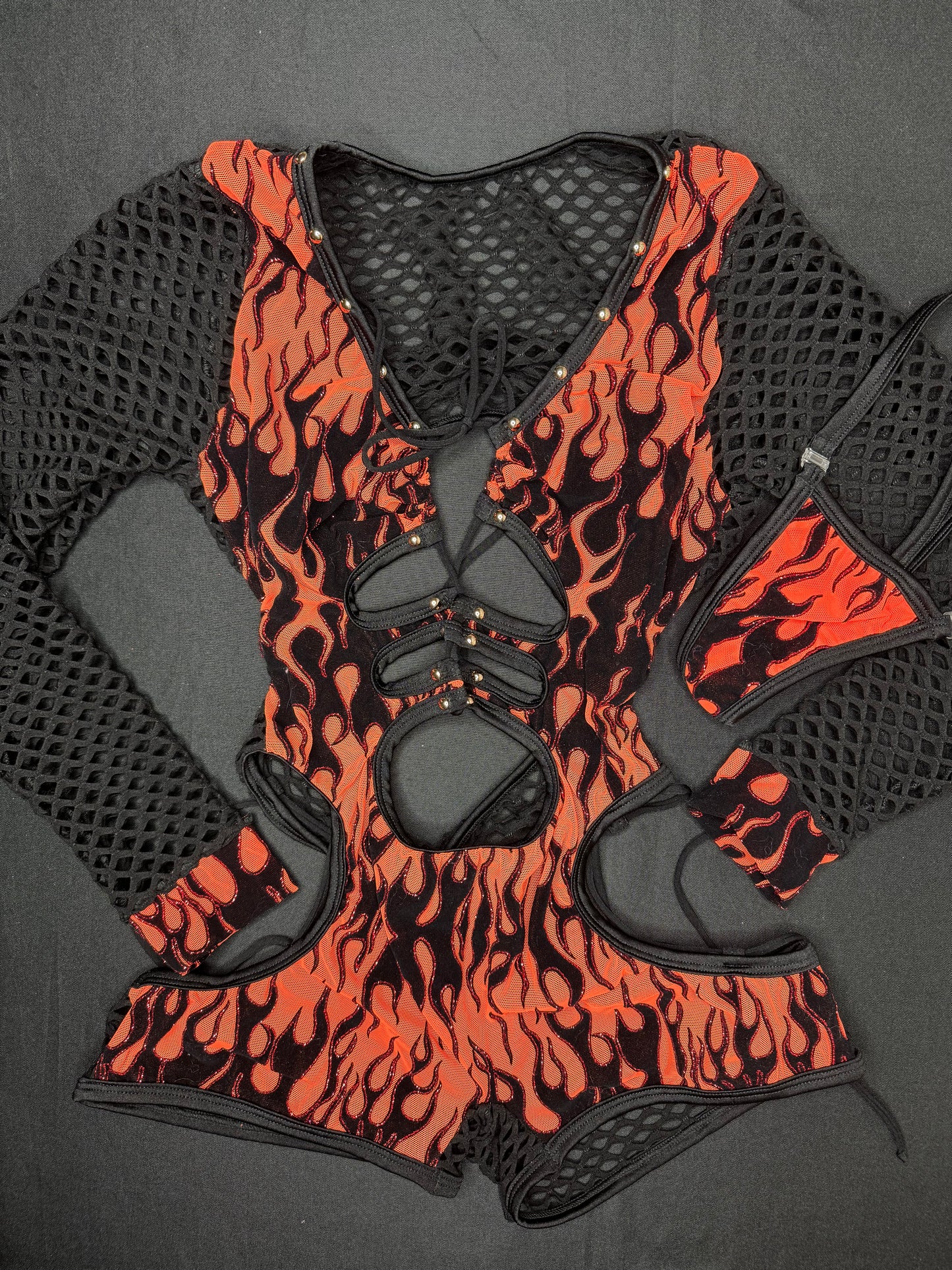 Orange Mesh/Black Fishnet One-Piece Romper Lingerie Outfit