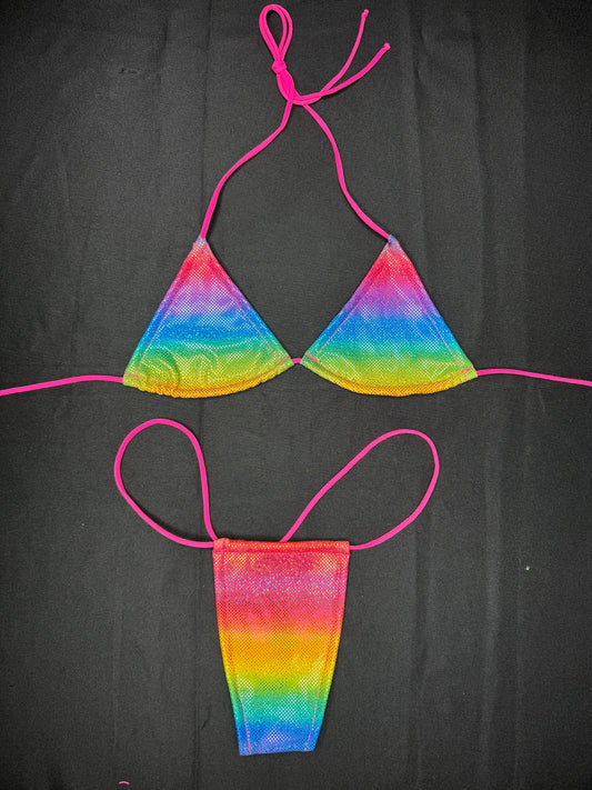 Hot Pink/Metallic Rainbow Pride Two-Piece Micro Bikini Lingerie Outfit