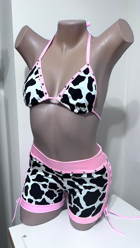 Baby Pink/Cow Print Two-Piece Ripped Shorts Exotic Dancer Outfit