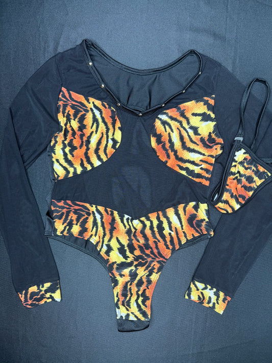 Tiger Animal Print/Black Mesh Leotard One-Piece Lingerie Outfit