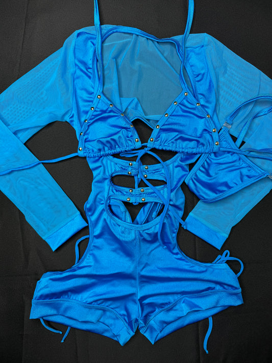 Royal Blue Stretch Fabric Long Sleeve Mesh Bikini Top Romper