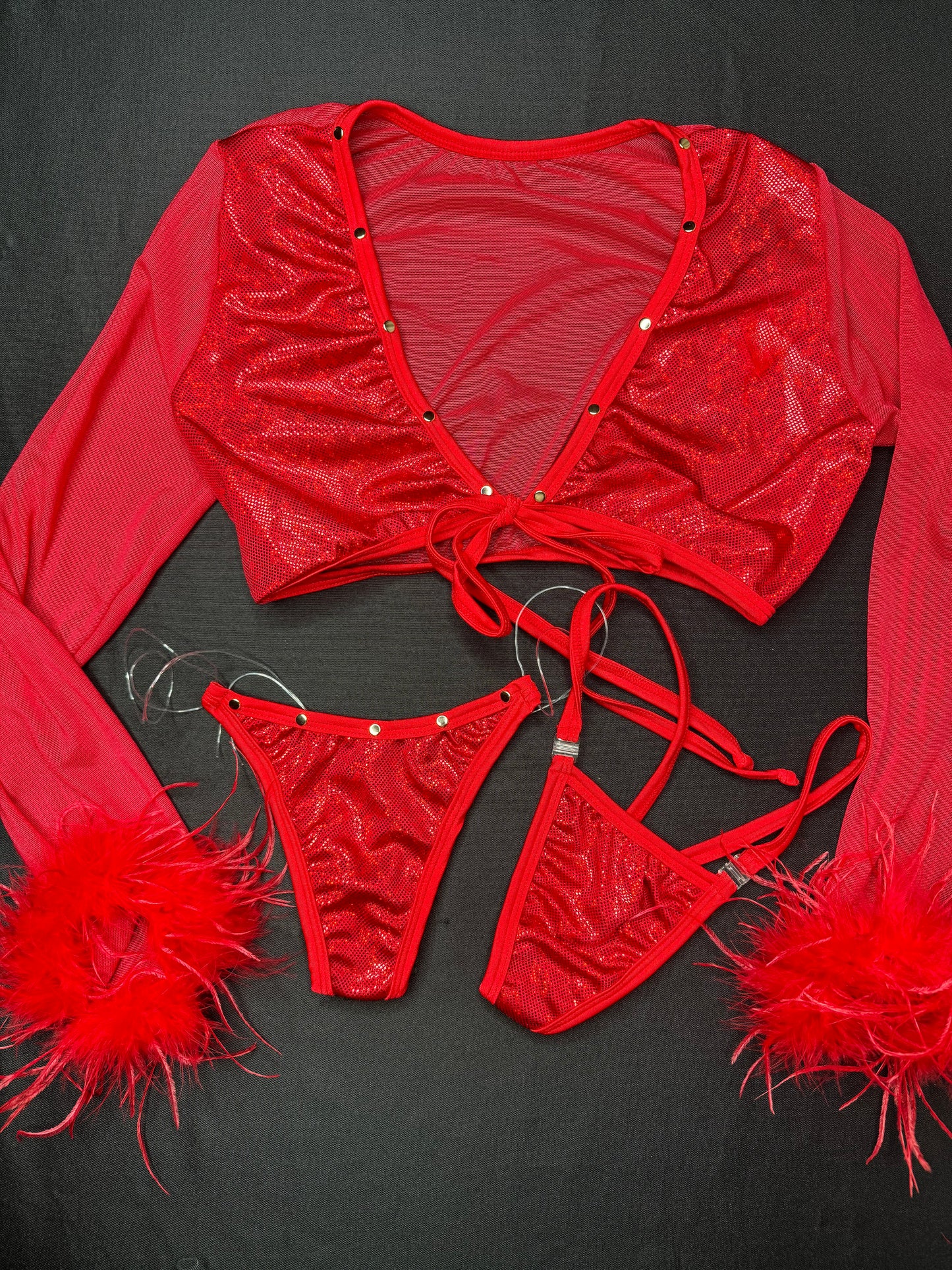 Metallic Red/Red Mesh/Fur Long Sleeve Two-Piece Lingerie Outfit