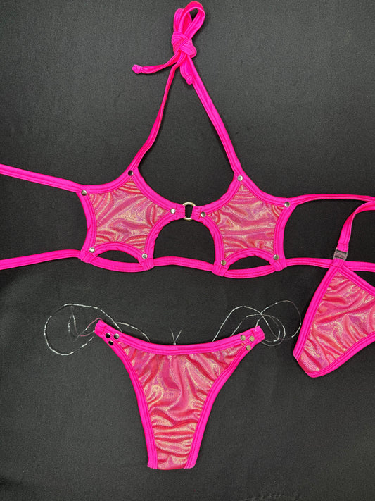 Mystic Hot Pink Star Top/Silicone String Bottoms Two-Piece Bikini Lingerie Outfit