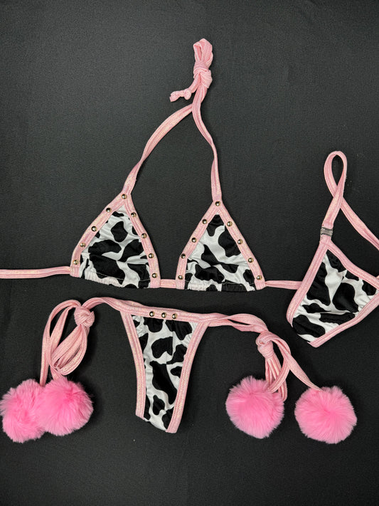 Baby Pink/Cow Print Fur Two-Piece Side-Tie Bikini Lingerie Outfit