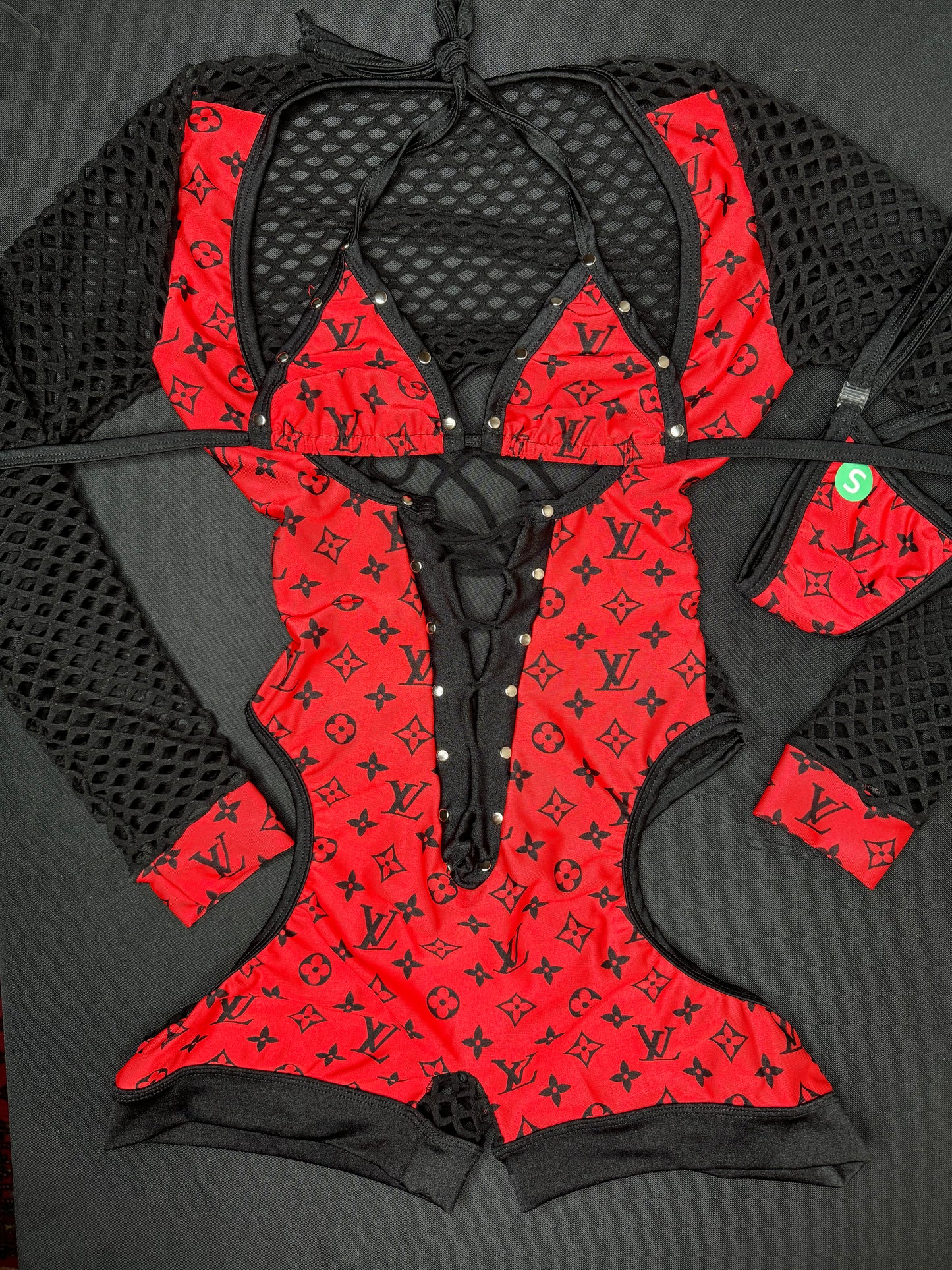 Red/Black Designer One-Piece Romper/Bikini Top Lingerie Outfit