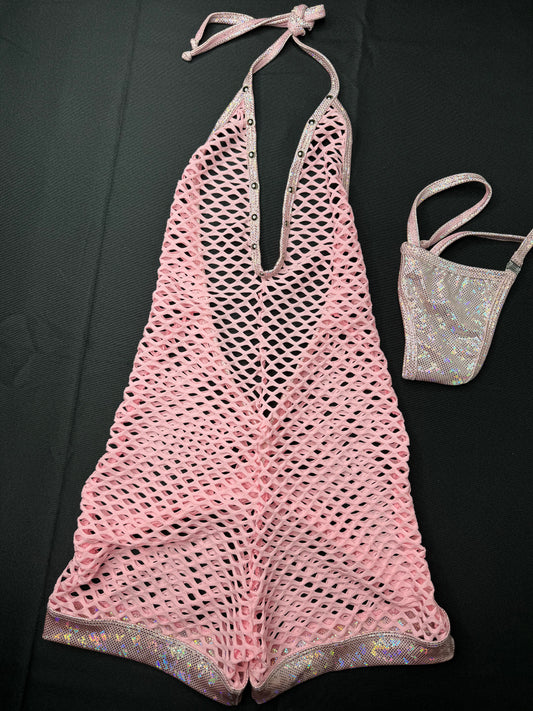 Baby Pink Fishnet Exotic Dance Wear One-Piece Outfit Sensual