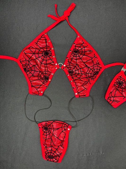 Metallic Red Spider Web One-Piece Slingshot Lingerie Outfit