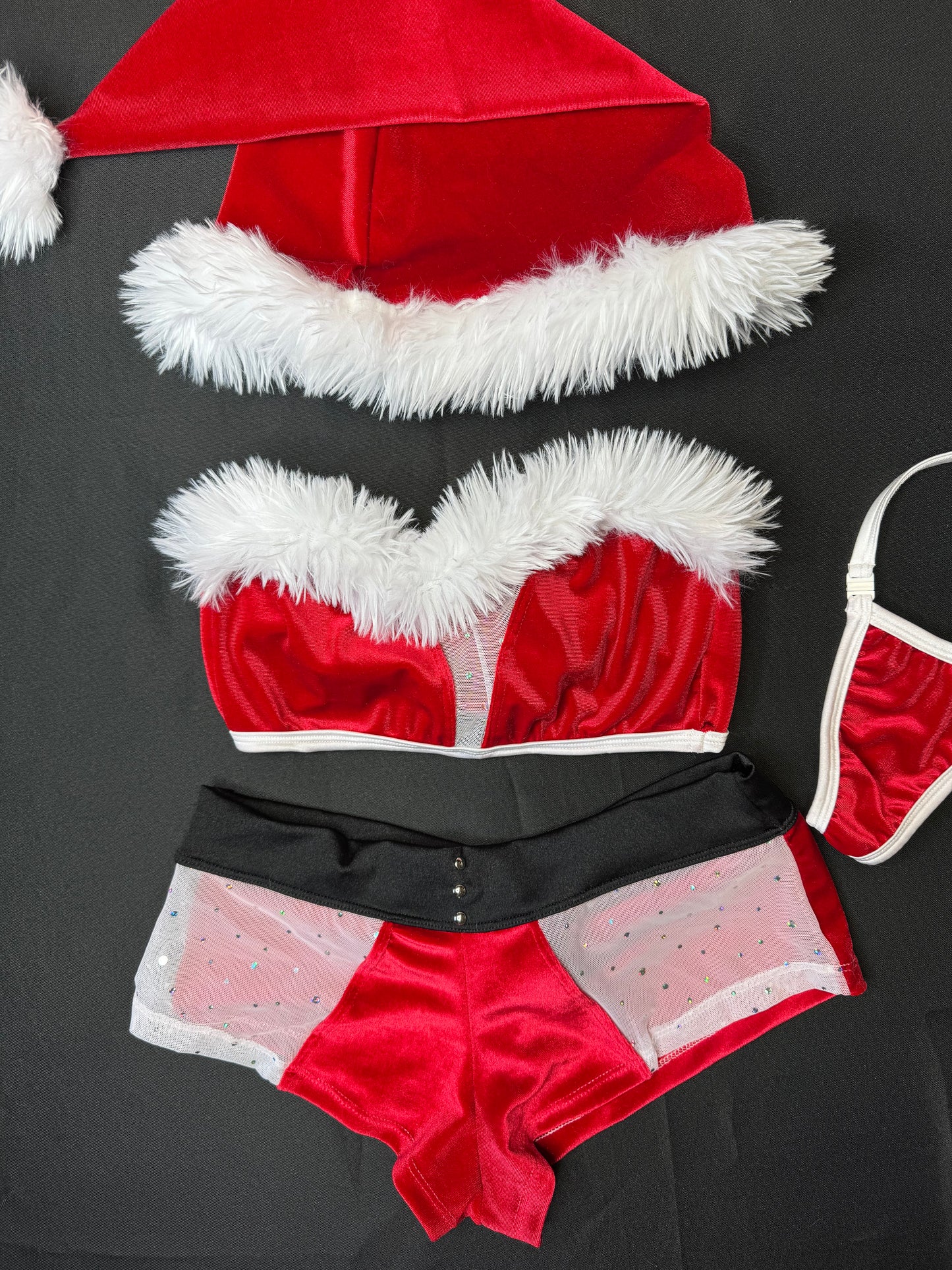 Red Velvet/White Mesh Tube Top/Shorts & Hat Christmas Lingerie Outfit