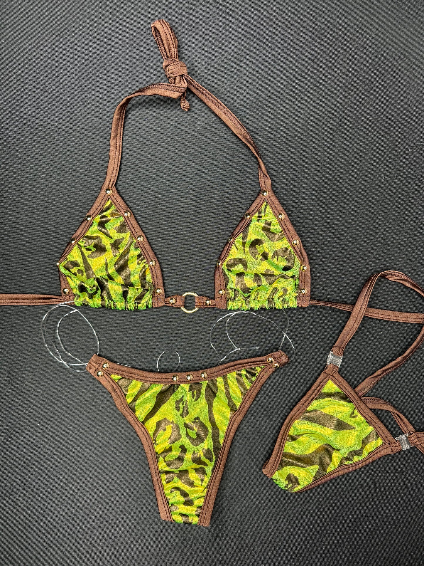 Chocolate/Metallic Green Animal Print Two-Piece Bikini Lingerie Outfit