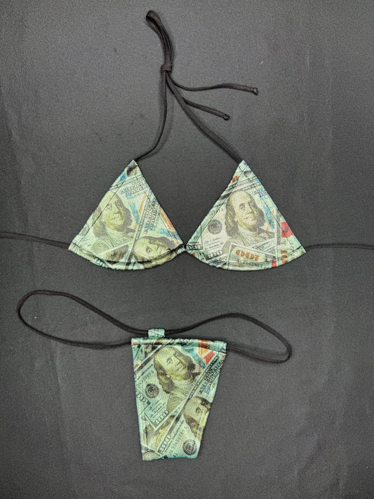 Holographic Money $100 Bills/Black Micro Two-Piece Bikini Lingerie Outfit