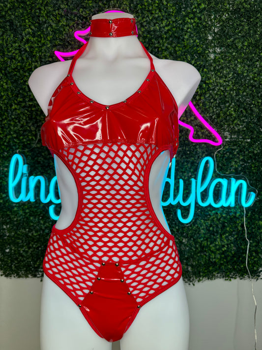 Red Latex/Fishnet One-Piece Outfit
