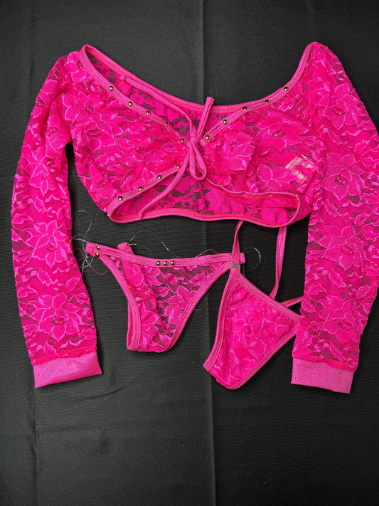 Hot Pink Lace Long Sleeve Stripper Outfit