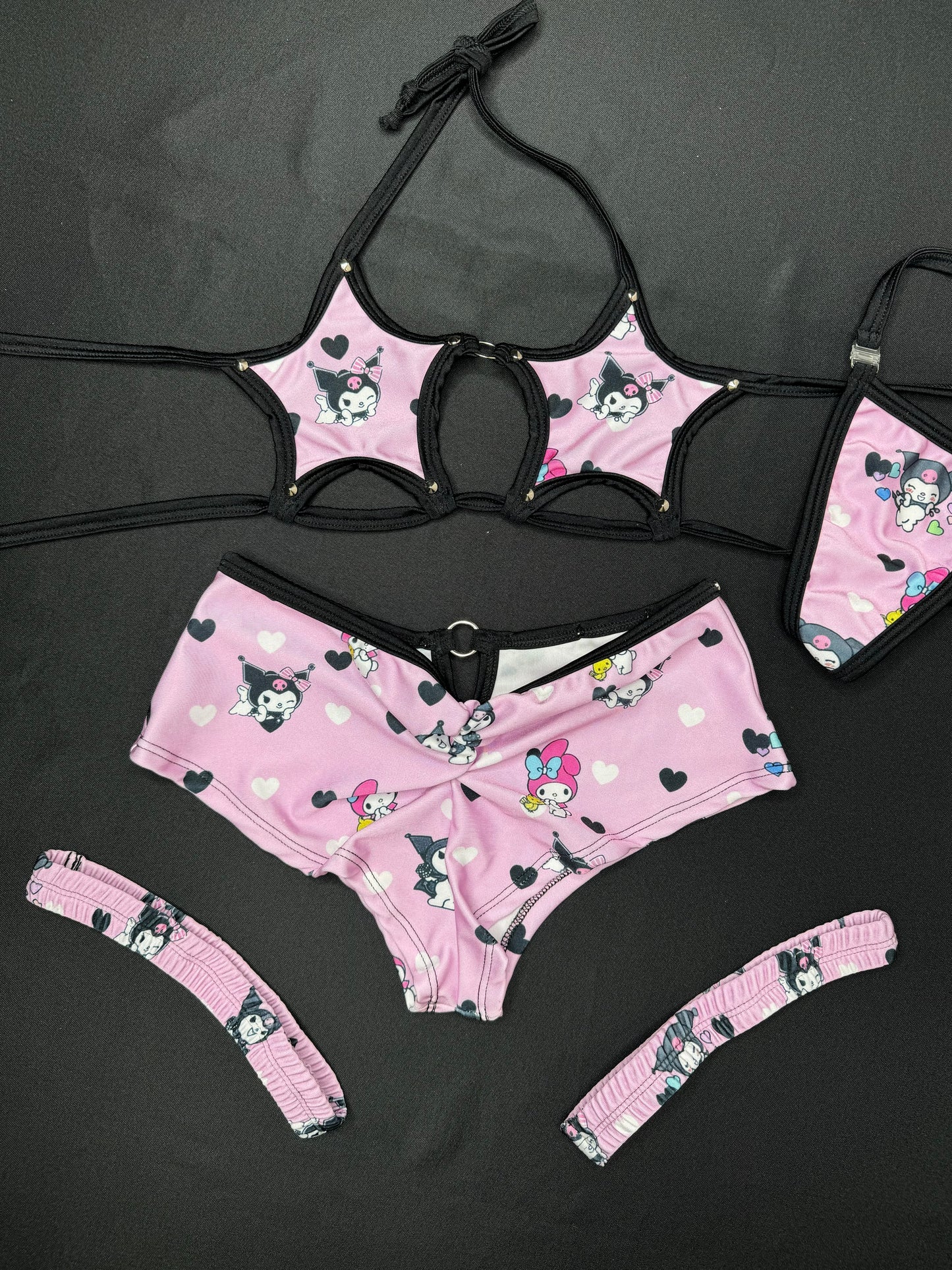 Baby Pink/Black Kuromi Star Bikini Top/Shorts Three-Piece Lingerie Outfit